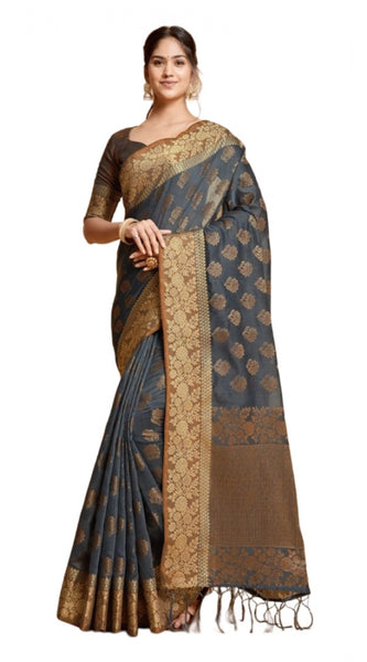 Mayawye Women's Chanderi Cotton Printed Saree With Unstitched Blouse (Grey, 5-6 Mtrs)