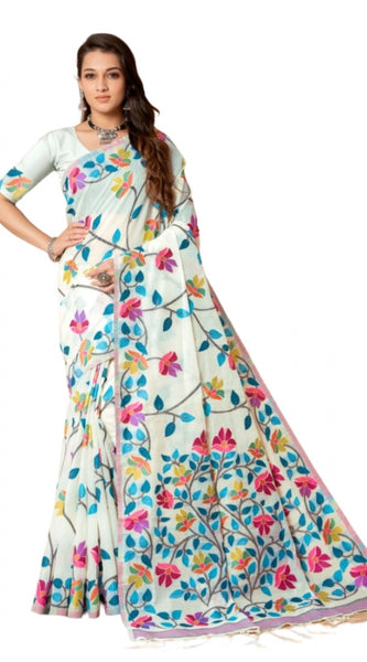 Mayawye Women's Cotton Printed Saree With Unstitched Blouse (White, 5-6 Mtrs)