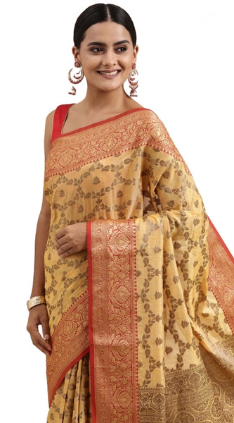 Mayawye Women's Chanderi Cotton Printed Saree With Unstitched Blouse (Yellow, 5-6 Mtrs)