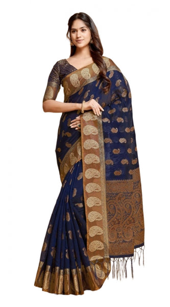 Mayawye Women's Chanderi Cotton Printed Saree With Unstitched Blouse (Navy Blue, 5-6 Mtrs)