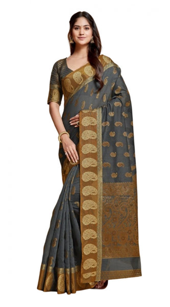 Mayawye Women's Chanderi Cotton Printed Saree With Unstitched Blouse (Grey, 5-6 Mtrs)