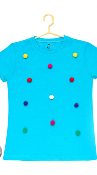Mayawye Girl's Casual Short Sleeve Pom Pom Balls Cotton T Shirt (Blue)
