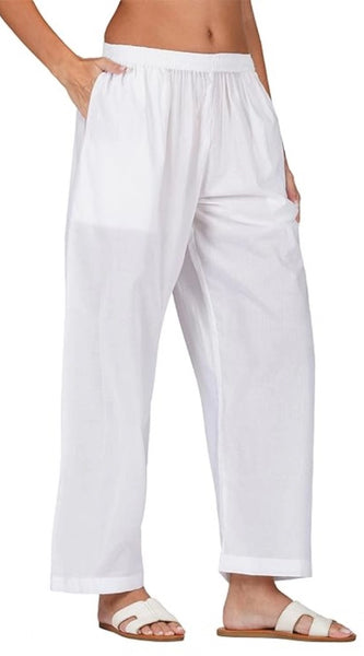 Mayawye Women's Casual Cotton Cambric Solid Elastic Palazzo Trousers (White)