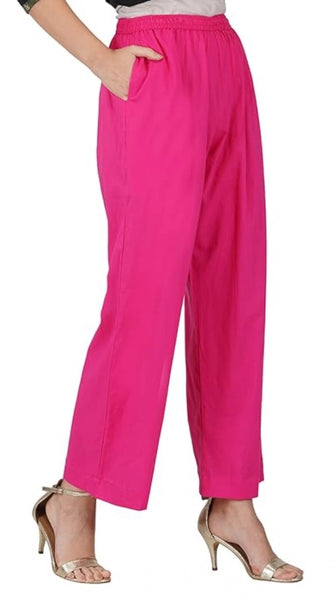 Mayawye Women's Casual Cotton Cambric Solid Elastic Palazzo Trousers (Pink)