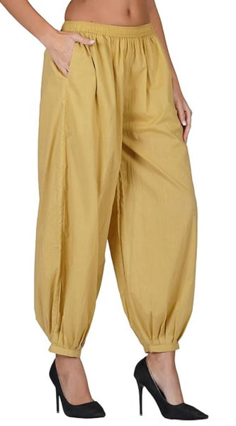 Mayawye Women's Casual Cotton Cambric Solid Elastic Waist Patiala Harem Pants (Beige)