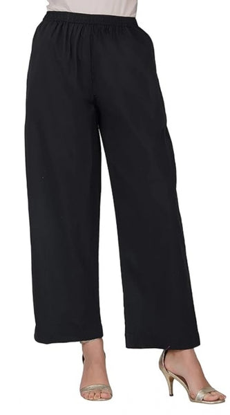 Mayawye Women's Casual Cotton Cambric Solid Elastic Palazzo Trousers (Black)