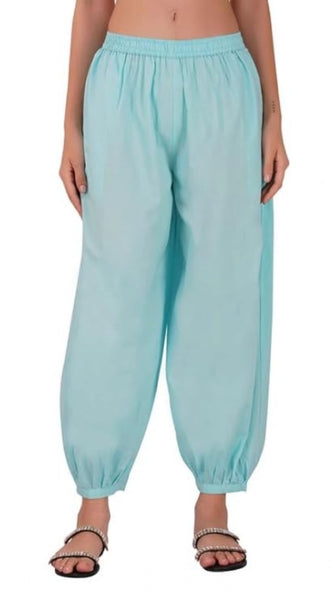 Mayawye Women's Casual Cotton Cambric Solid Elastic Waist Patiala Harem Pants (Blue)