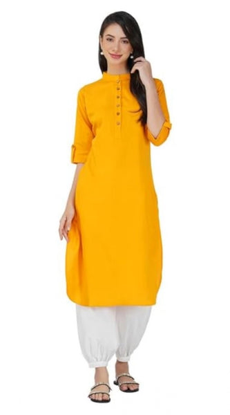 Mayawye Women's Casual Cotton Solid 3-4 Sleeve Kurti (Yellow)