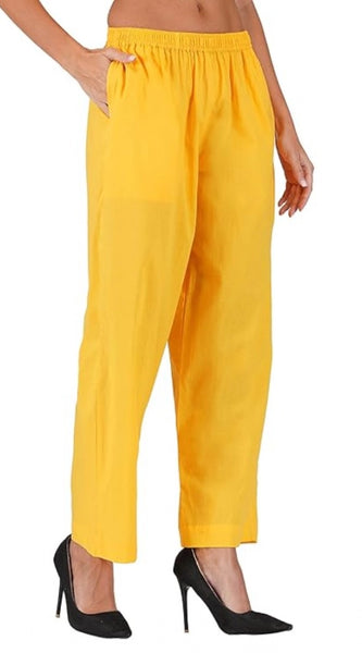 Mayawye Women's Casual Cotton Cambric Solid Elastic Palazzo Trousers (Yellow)