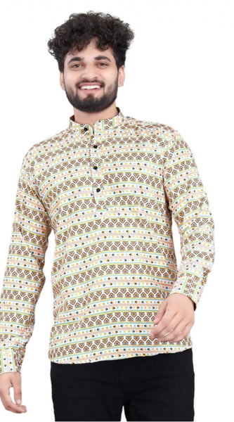 Mayawye Men's Cotton Blended Printed Full Sleeve Shortkurta (Multicolor)