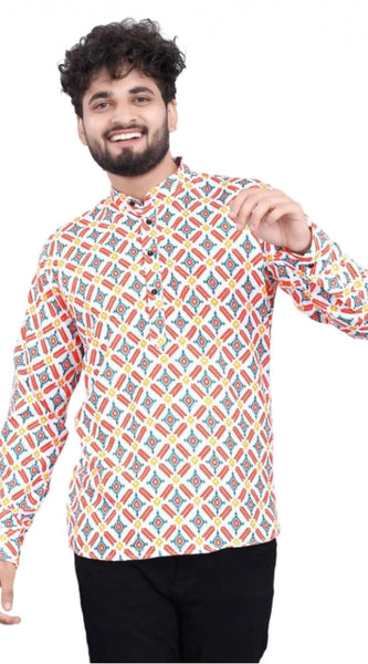 Mayawye Men's Cotton Blended Printed Full Sleeve Shortkurta (Multicolor)