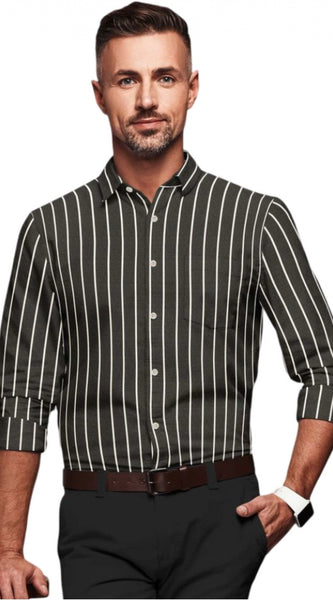 Mayawye Men's Cotton Blended Striped Full Sleeve Shirt (Black-White)
