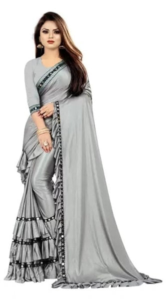 Mayawye Women's Malai Lining Solid Saree With Unstitched Blouse (Grey, 5.5 Mtr)