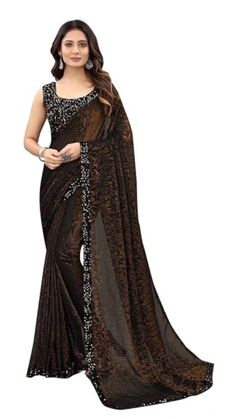 Mayawye Women's Lycra Floral Saree With Unstitched Blouse (Brown, 5.5 Mtr)
