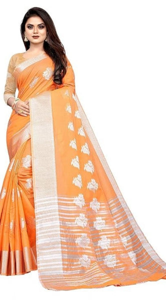 Mayawye Women's Cotton Silk Floral Saree With Unstitched Blouse (Orange, 5.5 Mtr)