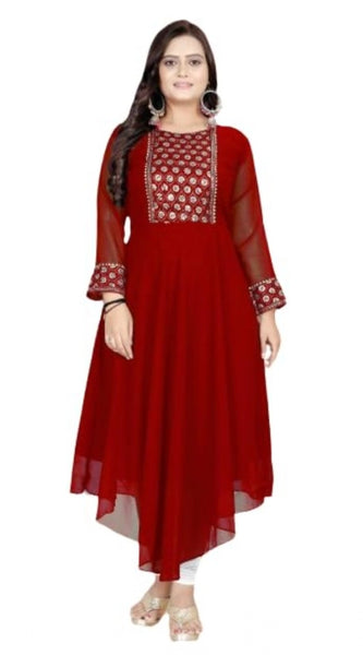 Mayawye Women's Georgette Embroidered Kurti (Maroon)