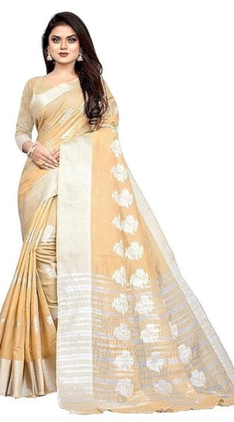 Mayawye Women's Cotton Silk Floral Saree With Unstitched Blouse (Beige, 5.5 Mtr)