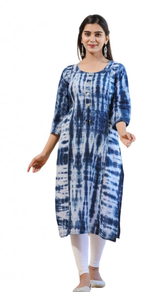 Mayawye Women's Cotton Dyed 3/4 Sleeve Round Neck Kurti (Blue)