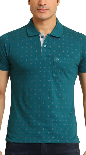 Mayawye Men's Casual Cotton Printed Polo Neck Half Sleeve T-Shirt (Green)
