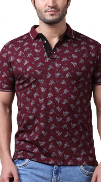 Mayawye Men's Casual Cotton Printed Polo Neck Half Sleeve T-Shirt (Plum)