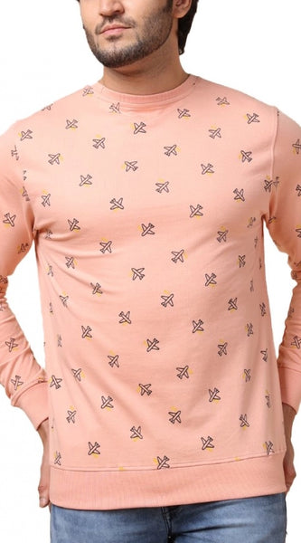 Mayawye Men's Casual Cotton Printed Round Neck Full Sleeve Sweat T-Shirt (Peach)