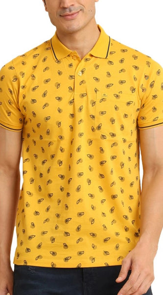Mayawye Men's Casual Cotton Printed Polo Neck Half Sleeve T-Shirt (Mustard)