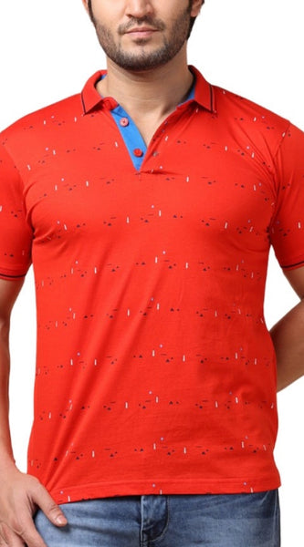 Mayawye Men's Casual Cotton Printed Polo Neck Half Sleeve T-Shirt (Red)
