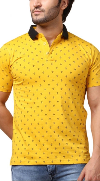Mayawye Men's Casual Cotton Printed Polo Neck Half Sleeve T-Shirt (Yellow)