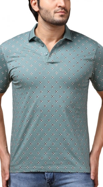 Mayawye Men's Casual Cotton Printed Polo Neck Half Sleeve T-Shirt (Grey)