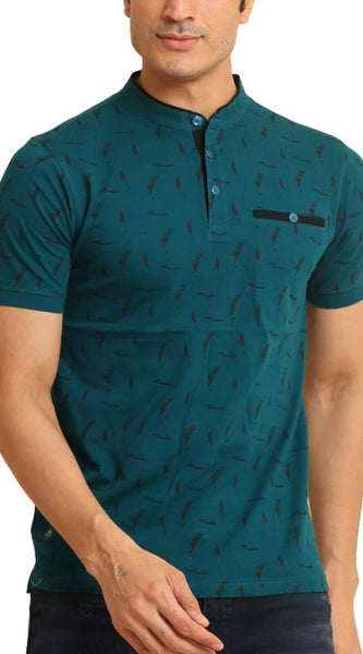 Mayawye Men's Casual Cotton Printed Mandarin Collar Half Sleeve T-Shirt (Green)