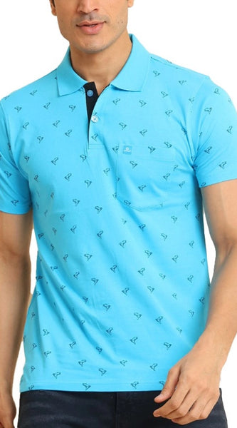 Mayawye Men's Casual Cotton Printed Polo Neck Half Sleeve T-Shirt (Skyblue)