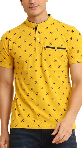 Mayawye Men's Casual Cotton Printed Mandarin Collar Half Sleeve T-Shirt (Mustard)