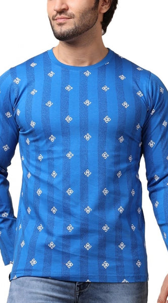 Mayawye Men's Casual Cotton Printed Round Neck Full Sleeve T-Shirt (Blue)