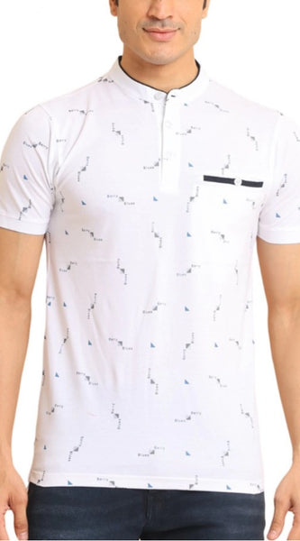 Mayawye Men's Casual Cotton Printed Mandarin Collar Half Sleeve T-Shirt (White)