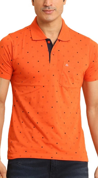 Mayawye Men's Casual Cotton Printed Polo Neck Half Sleeve T-Shirt (Rust)