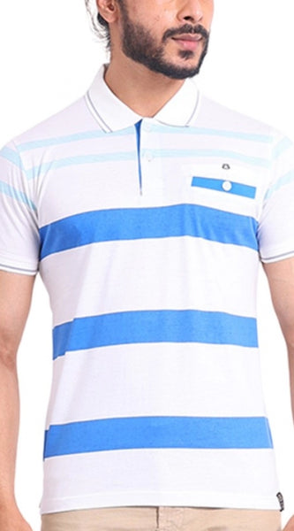 Mayawye Men's Casual Cotton Printed Polo Neck Half Sleeve T-Shirt (White)
