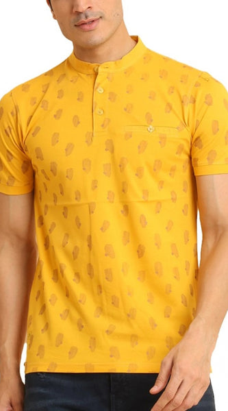 Mayawye Men's Casual Cotton Printed Mandarin Collar Half Sleeve T-Shirt (Mustard)
