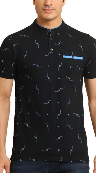 Mayawye Men's Casual Cotton Printed Mandarin Collar Half Sleeve T-Shirt (Navy)