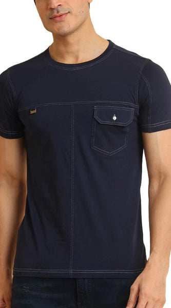 Mayawye Men's Casual Cotton Solid Round Neck Half Sleeve T-Shirt (Navy)