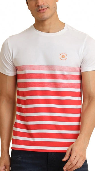 Mayawye Men's Casual Cotton Printed Round Neck Half Sleeve T-Shirt (Red)