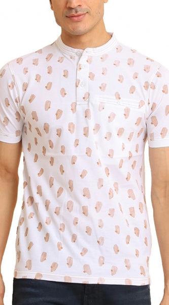 Mayawye Men's Casual Cotton Printed Mandarin Collar Half Sleeve T-Shirt (White)