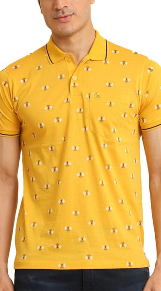 Mayawye Men's Casual Cotton Printed Polo Neck Half Sleeve T-Shirt (Mustard)