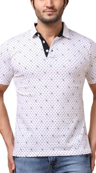 Mayawye Men's Casual Cotton Printed Polo Neck Half Sleeve T-Shirt (White)