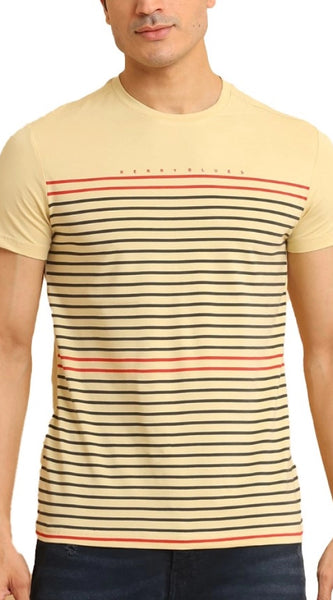 Mayawye Men's Casual Cotton Printed Round Neck Half Sleeve T-Shirt (Beige)