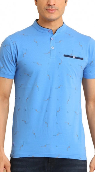 Mayawye Men's Casual Cotton Printed Mandarin Collar Half Sleeve T-Shirt (LightBlue)