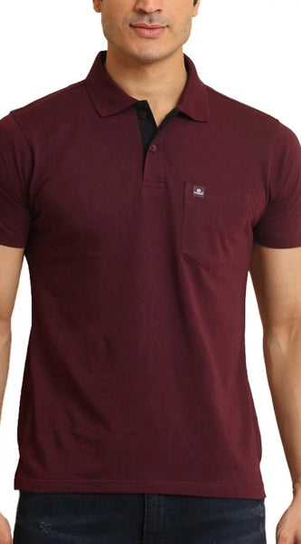 Mayawye Men's Casual Cotton Printed Polo Neck Half Sleeve T-Shirt (Wine)