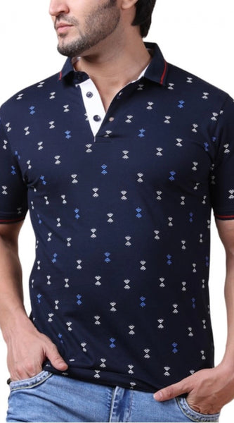Mayawye Men's Casual Cotton Printed Polo Neck Half Sleeve T-Shirt (Navy)