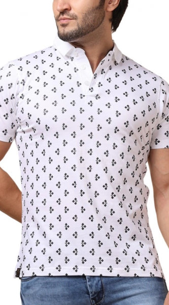 Mayawye Men's Casual Cotton Printed Polo Neck Half Sleeve T-Shirt (White)