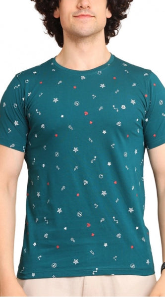 Mayawye Men's Casual Cotton Printed Round Neck Half Sleeve T-Shirt (Green)