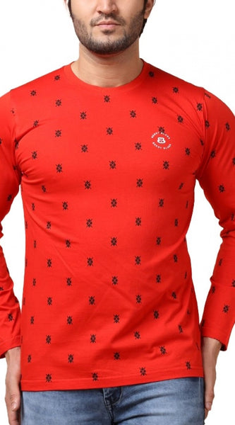 Mayawye Men's Casual Cotton Printed Round Neck Full Sleeve T-Shirt (Red)